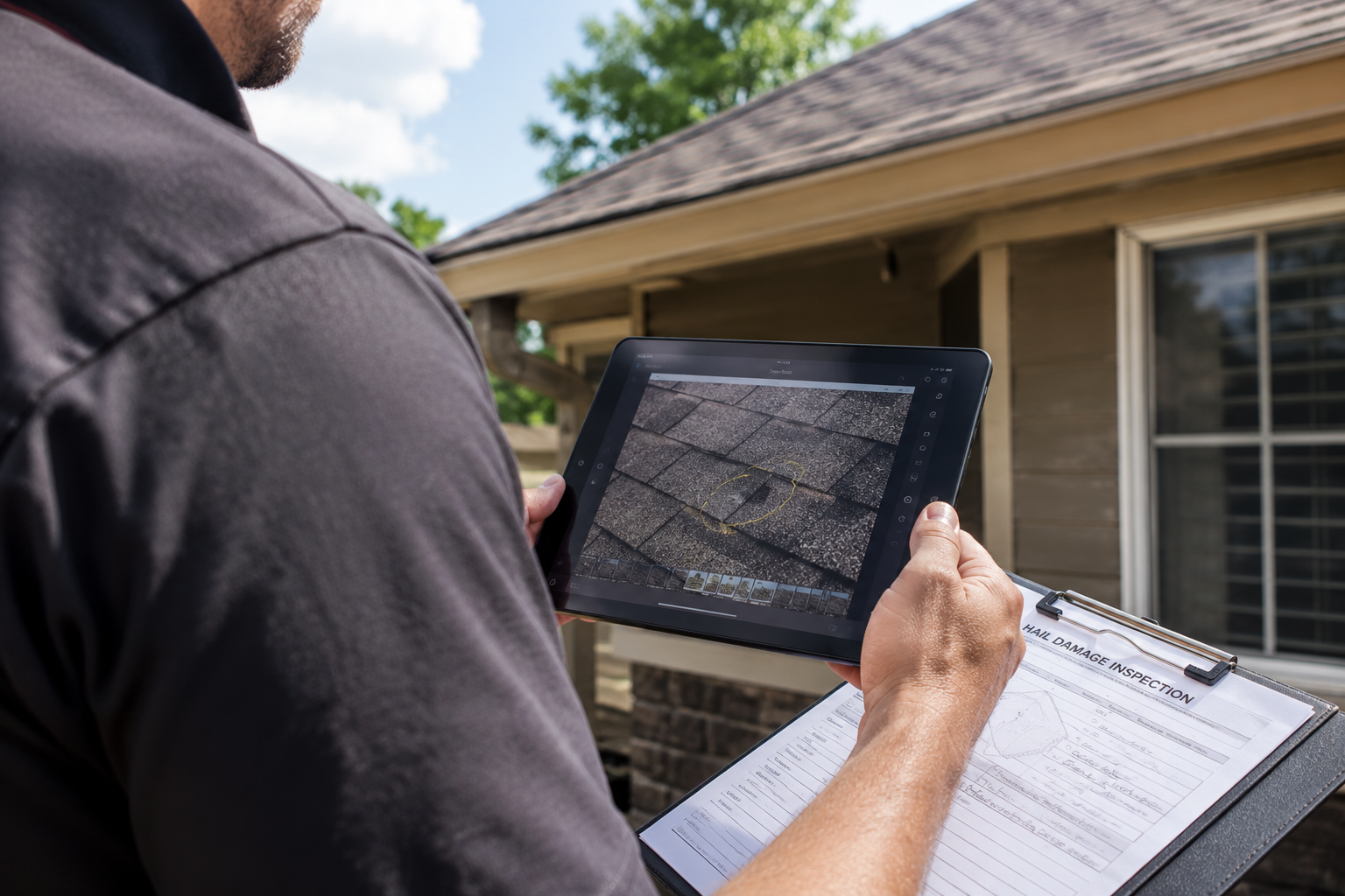 Hail damage being documented during a roof inspection